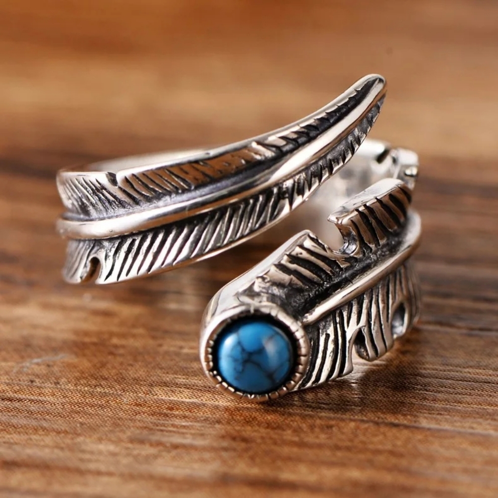 LAST! NEW 925 Sterling Silver Feather Turquoise Ring | Adjustable Size - Picture 7 of 16